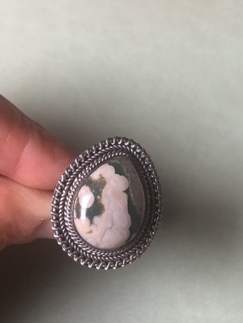 Druppelvormige zilveren ring van oceaan-jaspis, maat 18